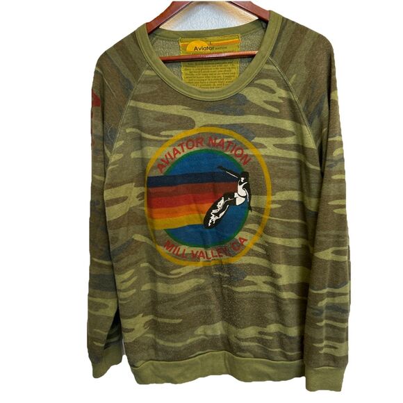 Aviator Nation Camo Crew Sweatshirt Womens Unisex Large Rainbow Comfy Logo Luxe - Picture 1 of 16